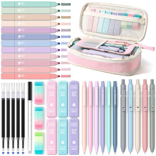 Four Candies 39 PCS Aesthetic School Supplies with Cute Pen Case, 12 Pastel Highlighters, 5 Black Ink Gel Pens, 6 Mechanic...