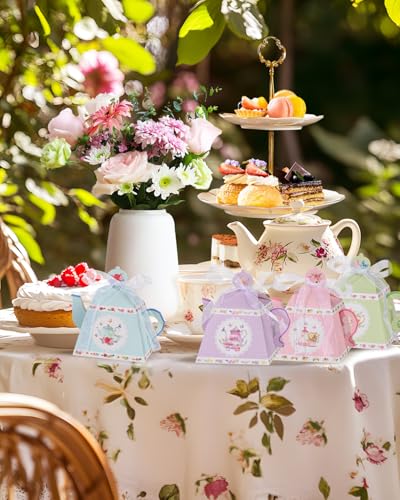 Liobelon 24 Pieces Floral Tea Party Favors Boxes Centerpiece Table Decoration Teapot Favor Boxes Tea Party Treat Gift Boxe...