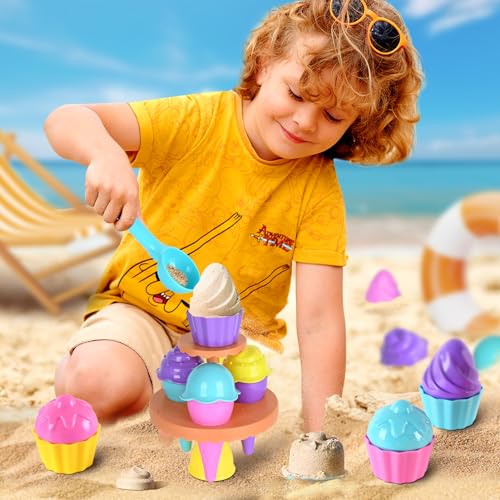 SupMLC Beach Toys Ice Cream Sand Toys - Toddlers Beach Essentials for Kids Girls Boys, Sand Molds, Shovels with Collapsibl...