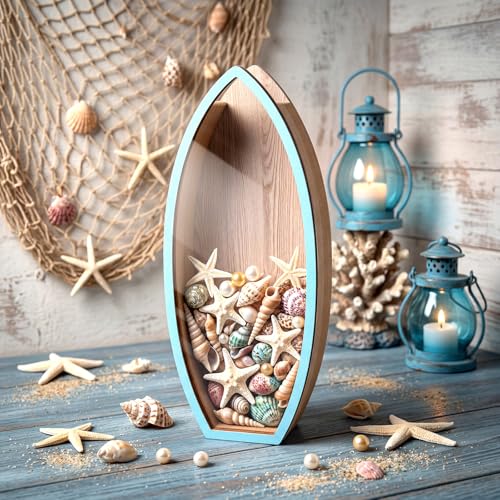 Novabright Coastal Decor Display Box Wooden Surfboard Holder with Clear Window Shell Box Shark Teeth Collection for Seashe...