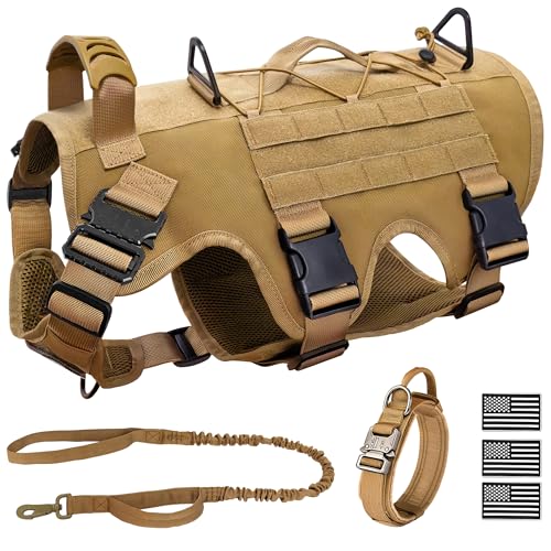 JOYFLARE Tactical Dog Harness for Large Dog, Dog Collar and Bungee Leash Set No-Pull Military Dog Harness - Walking Traini...