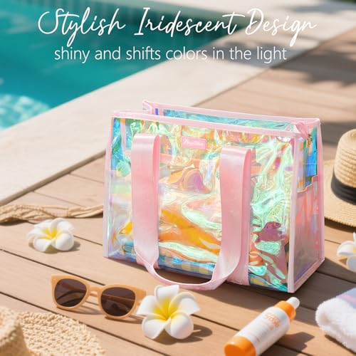 Bagstellar Iridescent Beach Tote Bags for Women, Large Zipper Beach Pool Swim Bag with Makeup Bag & Waterproof Phone Pouch...
