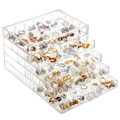 YUFONG Earring Storage Box Organizer, Acrylic Jewelry Storage Box Holder 5 Drawers Transparent Jewelry Display Stand with ...