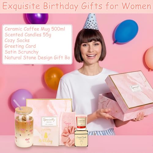 Ovveroche Birthday Gifts for Women, 6 Pcs Pink Birthday Gift Box Set for Women Self Care Mom Sister Wife Girlfriend Daught...