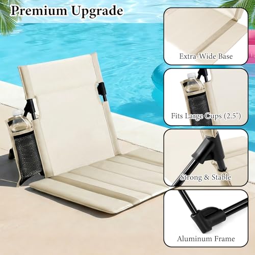 2 Pack Portable Poolside Chairs, Foldable Legless Beach Chairs for Adults with Cup Pocket, Lightweight Ground Seat Small B...