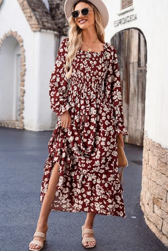 Dokotoo Boho Dresses for Women 2025 Casual Floral Square Neck Long Sleeve Smocked Elastic Waist Tiered Ruffle Hem Maxi Dress