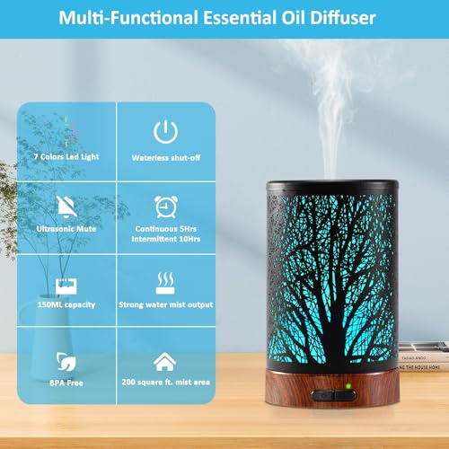 Essential Oil Diffuser - 150ML Metal Aromatherapy Diffuser for Essential Oils with 7 Colors Lights Gifts for Mom Auto Shu...
