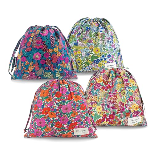 RoyYam 4-Pack Cotton Drawstring Gift Bags, 10.2" x 11" Floral Fabric Gift Pouches, Reusable Muslin Storage Sacks for Trave...