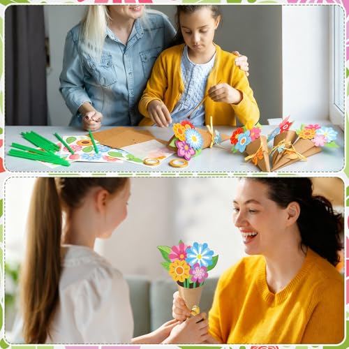 Motipuns 48 Set Spring Bouquet Flower Craft Kit Mother's Day DIY Flower Bow Paper Crafts Colorful Bouquets Make Your Own T...