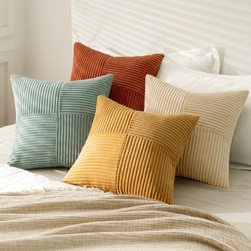 MIULEE Teal Orange Decorative Throw Pillow Covers 18x18 Inch Set of 4 Boho Corduroy Striped Cushion Cases Modern Farmhouse...