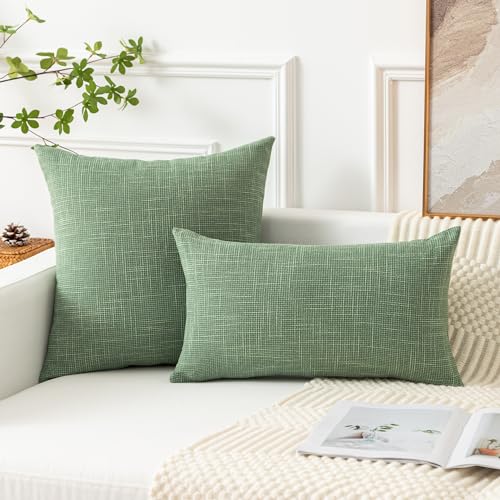 Kevin Textile Set of 2 Sage Green Pillow Covers 20 x 20 Inch Spring Farmhouse Boho Decorative Throw Pillow Covers Linen Cu...