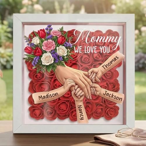 Personalized Mommy Holding Hands Shadow Box Custom Mom or Grandma Flower Shadow Box Frame with Kids Names Hand in Hand Des...