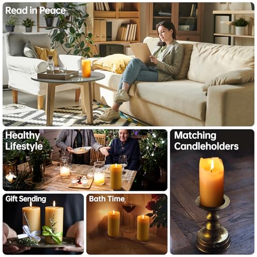 Natural Beeswax Candles 4 Packs, Beeswax Pillar Candles with 140 Hours Burn Time, Organic Emergency Candle Long Burning fo...