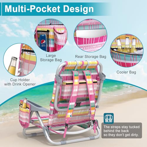 Suteck Backpack Beach Chairs for Adults, 5-Position Lay Flat Reclining Chair with Cooler Pouch, Cup Holder, Towel Bar, 2-P...