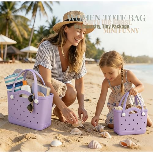 Armerssi Small Rubber Tote Beach Bag – Tip-proof Waterproof Washable Travel Tote for Pool Sports, Kids Girls Women Moms
