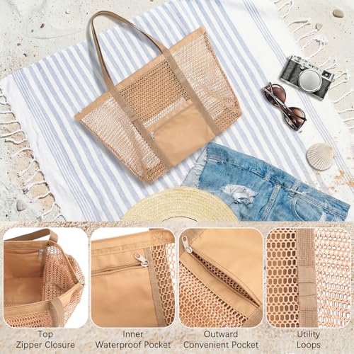 Dntorx Women's Mesh Beach Bag, Stylish Beach Tote for Swimming, Travel & Vacation Essentials, Lightweight Design for Poolside