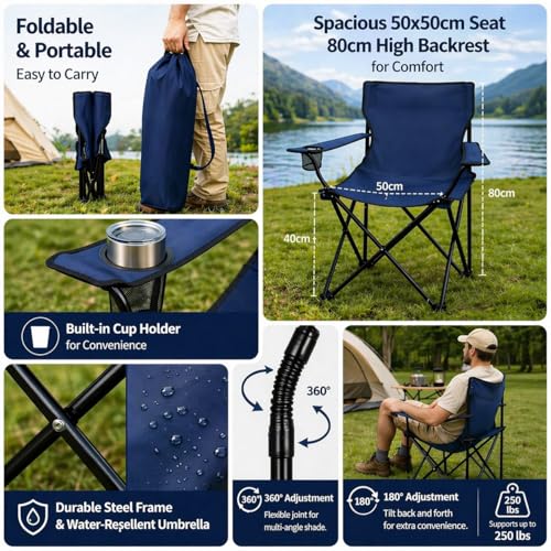 MakeBloom 2 Pack Portable Folding Camping Chairs with Adjustable Umbrella, Outdoor Canopy Chairs with Cup Holder, Lightwei...