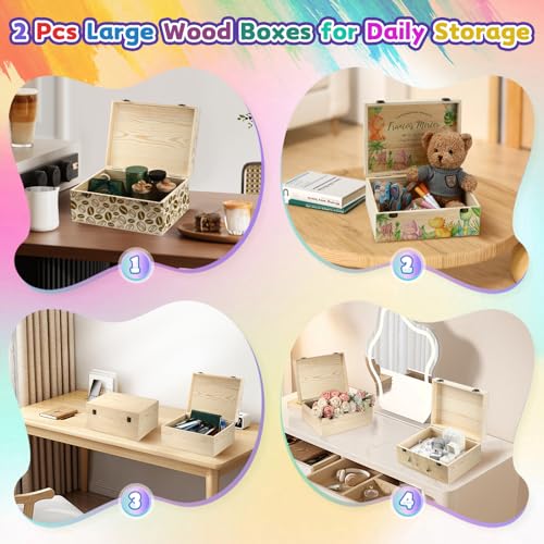 HIPNOOK Large Unfinished Wooden Boxes Set of 2 Sizes Wood Box with Hinged Lid – Large Wooden Boxes– Keepsake Memory Boxs- ...