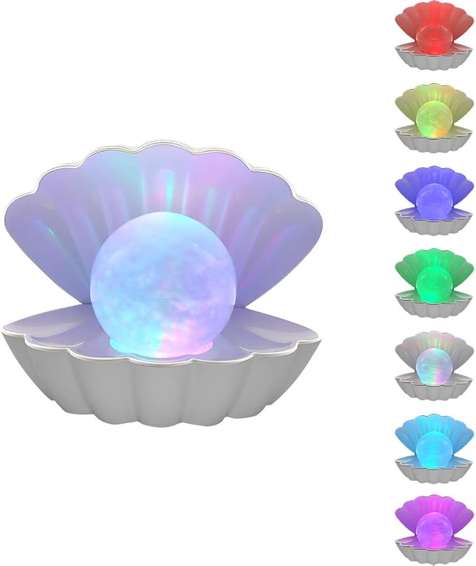 LKUA Shell Pearl Beach Themed Night Light, RGB 8 Colors Changing Mood Shell Pearl Lamps, Bedside LED Clamshell Portable Ni...