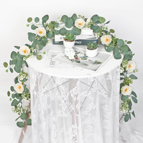 TOCHGREEN 2 Pack 13Ft Artificial Eucalyptus Flower Garland with White Roses, Fake Rose Flower Greenery Garland Floral Vine...
