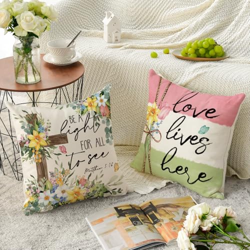 AVOIN colorlife Spring Home Sweet Home Family is Everything Floral Throw Pillow Covers, 18 x 18 Inch Cross Flowers Cushion...
