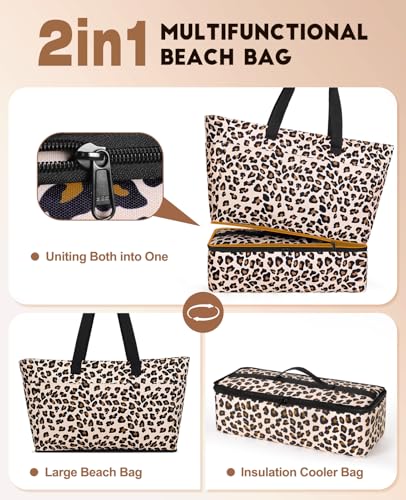 ISEYOU Beach Bag with Cooler, 49L Large Waterproof Sandproof Tote with Zipper, Foldable Travel Bag for Beach, Pool, Picnic