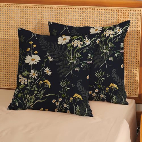 GOLIANDA Black Pillow Covers 18x18 Inch Set of 2 Sage Green Spring Floral Throw Pillows Botanical Wildflower Summer Outdoo...