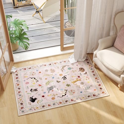 Rugcomf Door Mat Indoor Entrance 2x3 Rug Machine Washable Boho Floral Animal Cat Small Area Rug Non-Slip Low Pile Throw Ru...
