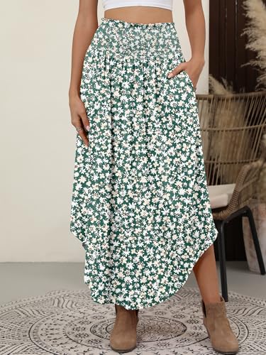 ANRABESS Women's Maxi Skirts Summer Boho Floral High Waisted Flowy Swing Pleated Beach Long Skirt with Pockets