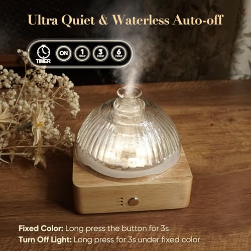 Glass Dome Essential Oil Diffuser with Glass Reservoir & Wood Base-No Plastic, 200ml Ultrasonic Diffuser for Aromatherapy ...