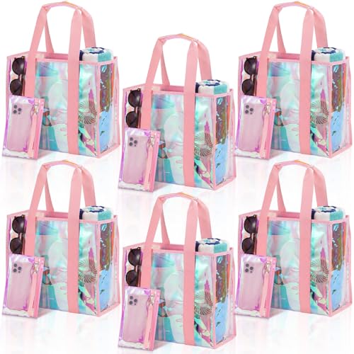 Hsei 6 Pcs Clear Iridescent Beach Bag with Phone Pouch for Women Beach Travel Large Waterproof Tote Bags for Vacation Picnic