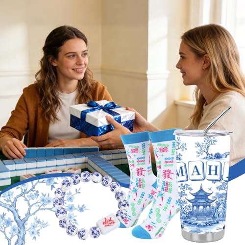 Koazava 4 Pcs Mahjong Gifts Set, Stainless Steel Tumbler Socks Bracelet Gift Box Set for Women Man, Mahjong Party Accessor...