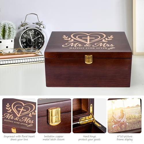 Larger Wooden Wedding Memory Keepsake Boxes With Hinged Lids and a photo frame inside the lid Bridal Shower Gifts - Engage...