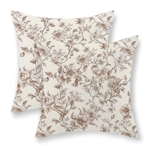 GOLIANDA Brown Pillow Covers 16x16 Set of 2 Brown and Cream Floral Chinoiserie Throw Pillows Vintage Rustic Toile Flower D...