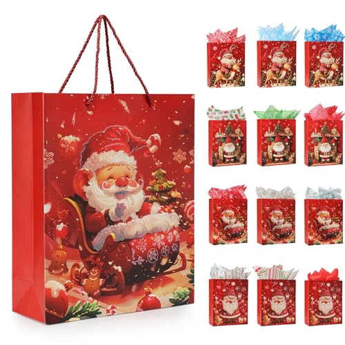 Rusikia 12 Christmas Gift Bags with 12 Tissues and 1 Satin Ribbon, Red Party Favor Bags Bulk with Handles, Glittery Cute B...
