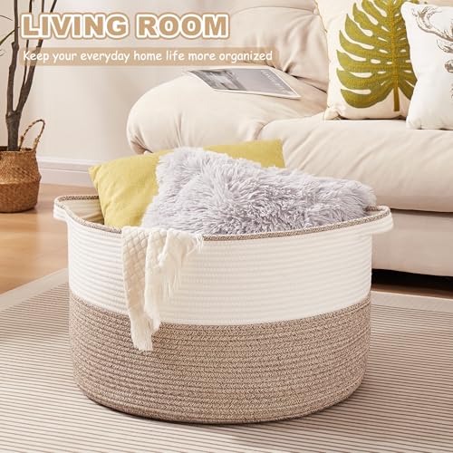 OIASKET Large Blanket Basket with Handles, 22.8" x 22.8" x 13" Woven Storage Basket for Living Room, Cotton Rope Baby Toy ...