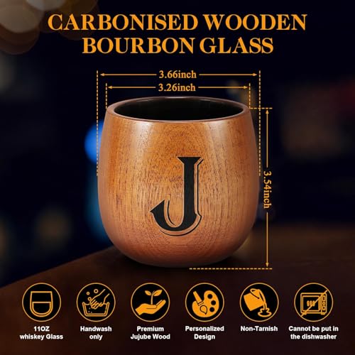 Astonlink Personalized Gifts for Men Husband Dad Boyfriend, Initial Charred Wooden Bourbon Drinking Glass & Whiskey Glasse...