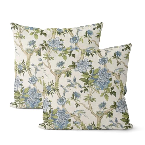 Sorktse Chinoiserie Pillow Covers 18x18 Inch Set of 2 Blue Green Floral Bird Throw Pillows Vintage Chinoiserie Flower Pill...