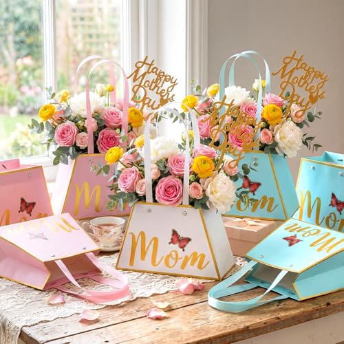 Yeyeplum 24 Pack Mothers Day Flower Paper Gift Bags Bouquet Bag Boxes with Handles and Decoration Topper Flower Boxes for ...