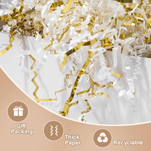 Wowxyz 2 LB Crinkle Cut Paper Shred White & Gold Gift Box Filler - Baskets Stuffing Shredded Paper Confetti for Christmas,...