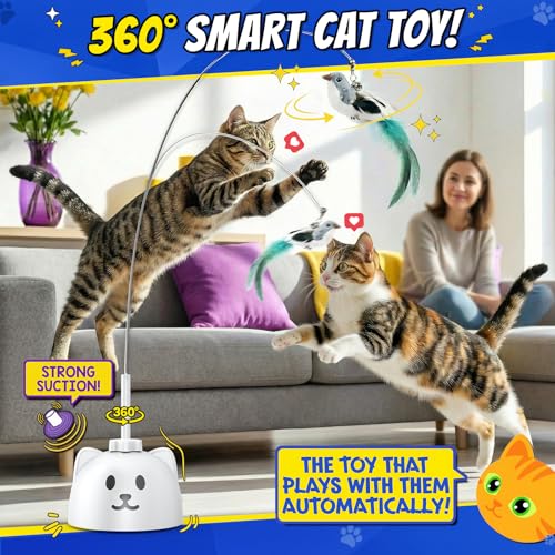 Interactive Cat Toys for Indoor Cats - Automatic Flying Bird Feather Toy, USB Rechargeable Electric Cat Teaser with Sticky...