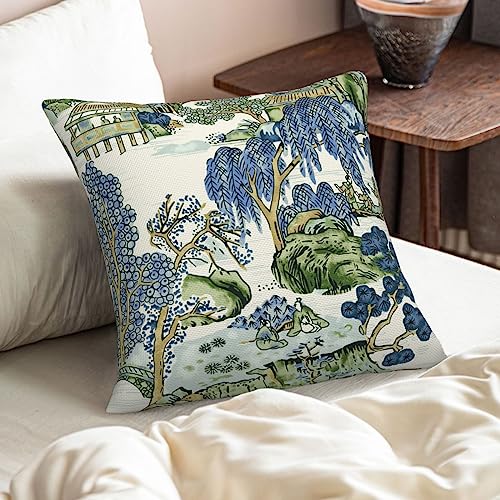 Wsunsal Chinoiserie Pillow Covers 16x16 Inch Set of 2, Asian Scenic Blue and Kelly Green Throw Pillows Farmhouse Chinoiser...