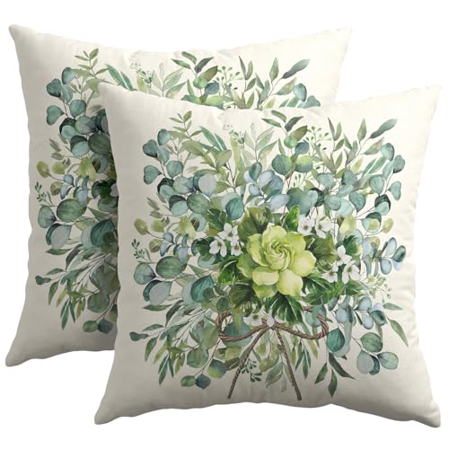 Trongr Spring Pillow Covers 18x18 Set of 2 Green Floral Throw Pillow Covers Rustic Pillowcase Linen Decoration Farmhouse S...