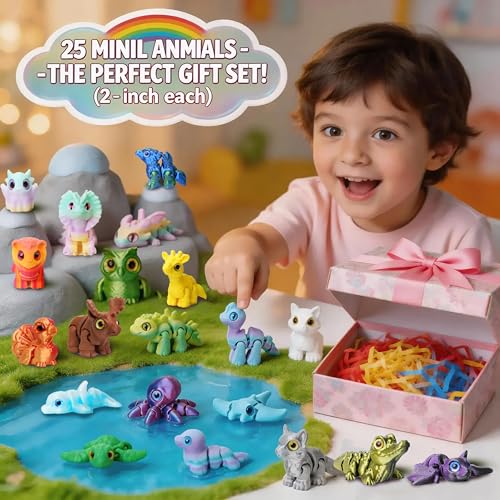 25Pcs 3D Printed Animals , Articulated Fidget Toy, Desk Pet for Students, Pocket Pets for Anxiety Relief, 3D Printed Fidge...