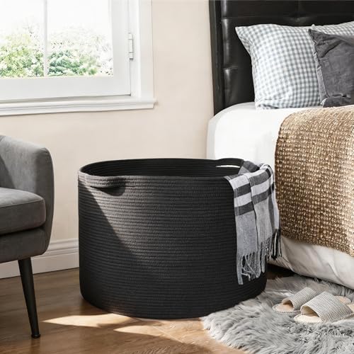 MEGASKET Large Black Blanket Basket, 22" X 22" X 14" Woven Rope Bin for Storage, Kids Dog Toy Storage Box Organizer Bins, ...