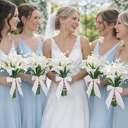 Janinka Artificial Bridesmaid Bouquets Set of 6 Calla Lily Wedding Bouquet Pre-Tied Ivory White Artificial Lily Flowers Br...