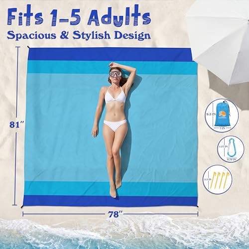 Aroveea Beach Blanket Waterproof Sandproof 1-7 Adult Oversized 78 '' × 81 '' Lightweight Durable Compact Sand Free Beach M...