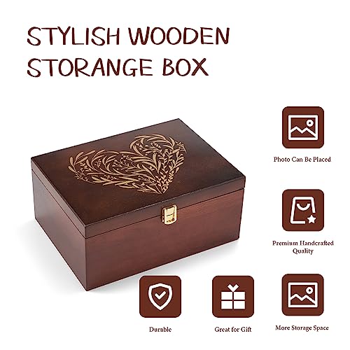 Larger Wooden Memory Keepsake Box with Hinged Lid & 8x10 Photo Frame Inside Lid – Decorative Storage Box With a Hinge Lids...