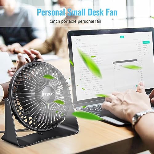 BESKAR USB Small Desk Fan, Portable Fans with 3 Speeds Strong Airflow, Quiet Operation and 360°Rotate, Personal Table Fan ...