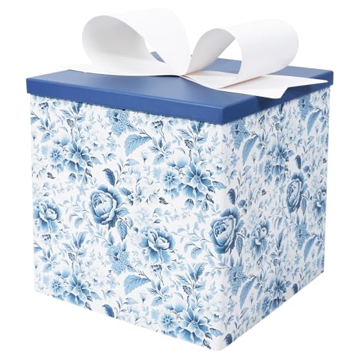 BIOBROWN Medium Gift Boxes with Lids for Presents, 9x9x9 Inches Chinoiserie Blue White Peony Floral Design Collapsible Gif...